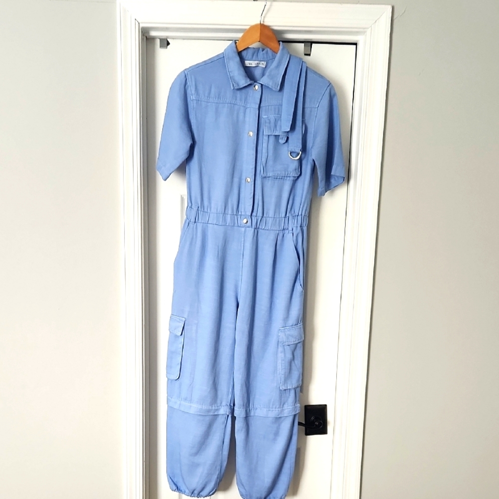 Zara Light Blue, Cargo Jumpsuit with Belt and Pockets, Girls size 13-14.